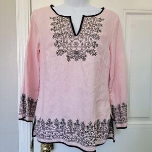 Richard Malcolm Irish Linen Top Pink Black Embroidered 3/4 Sleeves Size 4